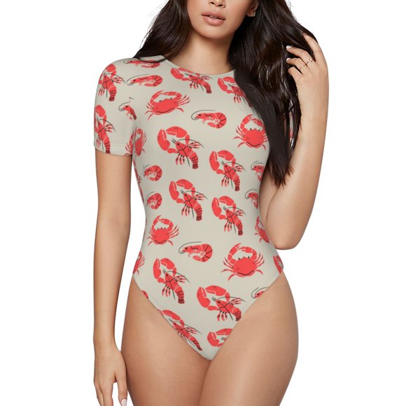 Balery Crab Lobster 1 Body de cuello redondo de manga corta para mujer Tops de manga corta Tops básicos-Medium