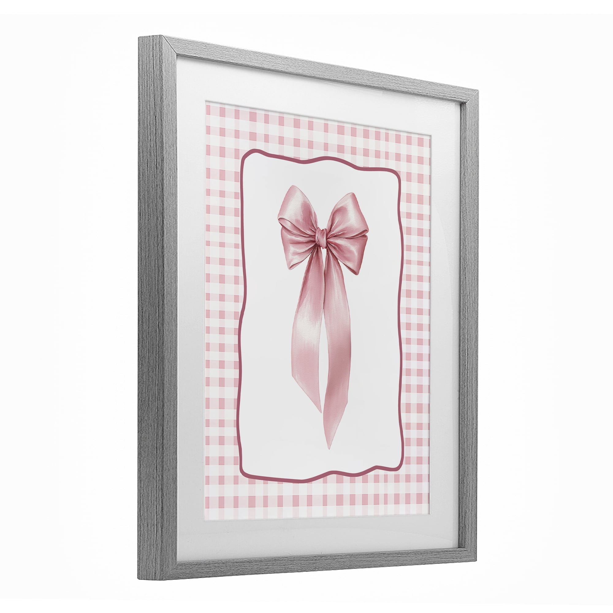 Stupell Industries Pink Gingham Ribbon Gray Framed Print Under Glass, design by Christine Simpson Art