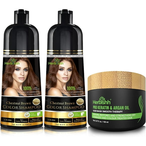 Herbishh Chestnut Brown Hair Color Shampoo for Gray Hair, Hair Dye Shampoo with Argan Hair Mask,3 in 1, 100% Gray Coverage, Permanent Hair Color for Men & Women, Ammonia-free, (Pack of 2)
