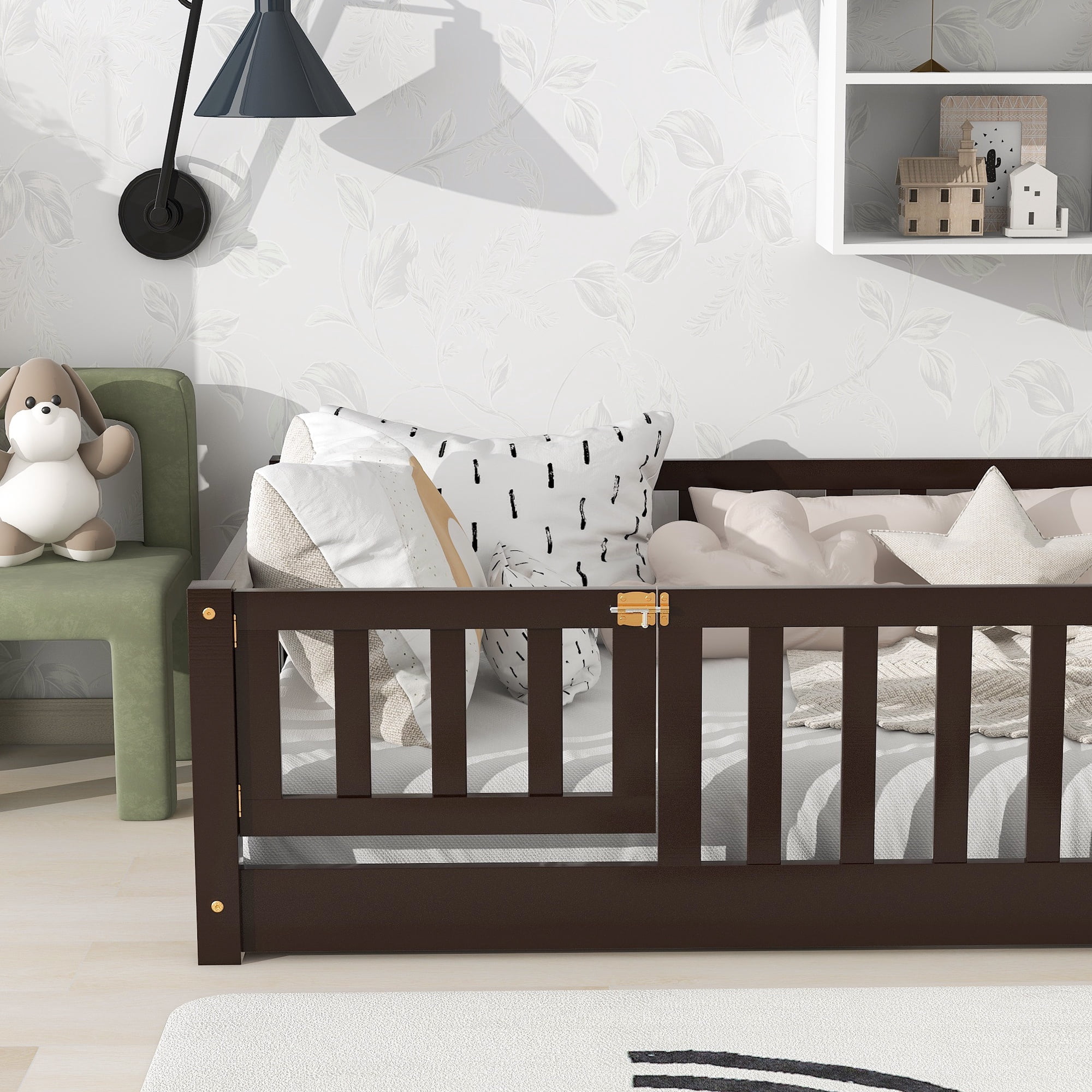 Sesslife Twin Size Floor Bed with Door and Fence, Wood Floor Platform Bed with Slats, Toddler Bed for Kids Boys Girls, Montessori Bed, No Box Spring Needed, Espresso