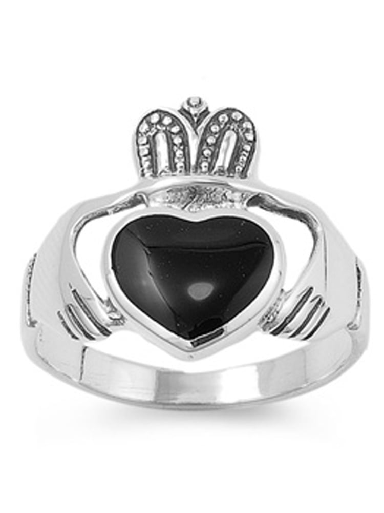 Simulated Black Onyx Irish Claddagh Heart Ring - Cubic Zirconia, .925 Sterling Silver, Sizes 3-12 Available