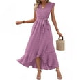 thumbnail image 3 of Lovzfmll Women's Summer Lightweight Floral Dress Wrap V Neck Casual Solid Color Bubble Embroidered Lace Cuffs Comfortable Short Sleeve Belted Ruffle A-Line Flowy Maxi Dresses Purple L, 3 of 6
