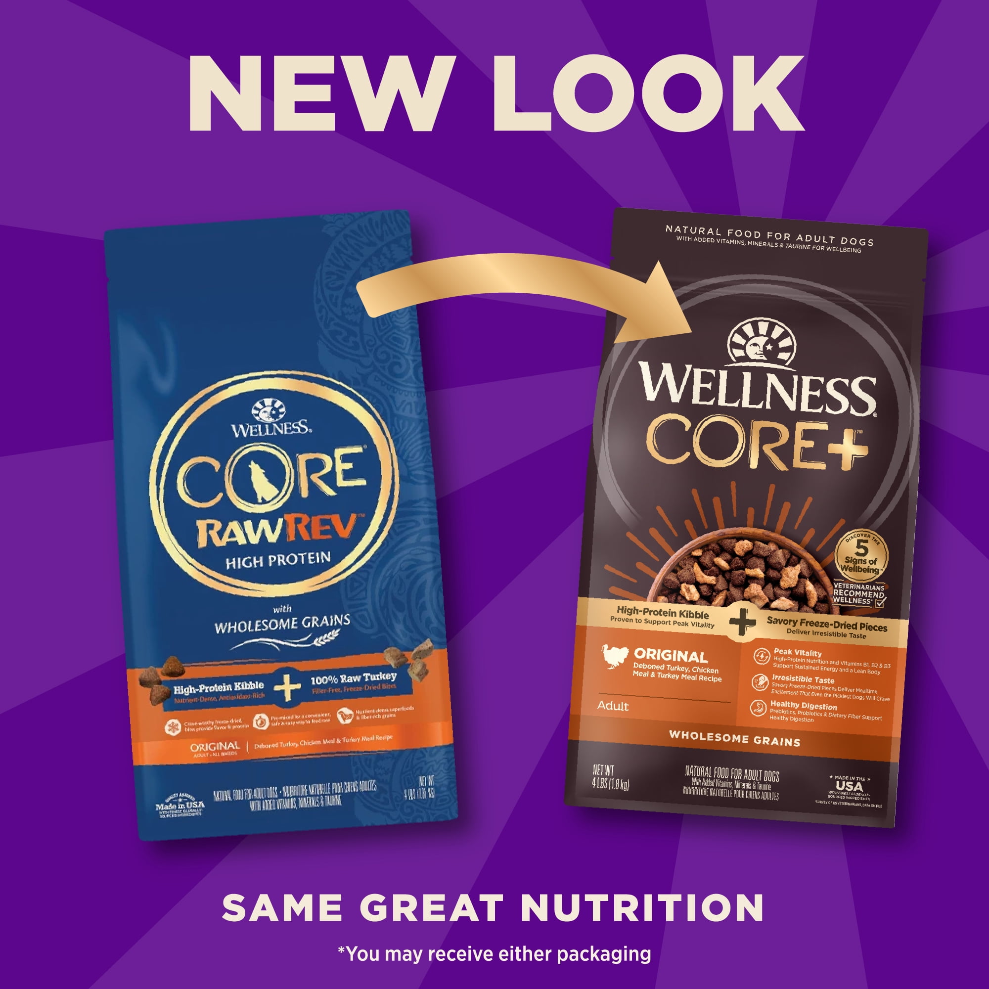 Wellness CORE+ Dry Dog Food with Freeze Dried Pieces, Wholesome Grains, High Protein, Natural, Original Turkey & Chicken Recipe, (4-Pound Bag)