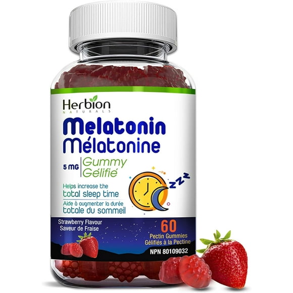 Herbion Naturals Melatonin Gummy, 5 mg, Helps Increase the Total Sleep Time, Prevent Effects of Jet Leg, Fall Asleep Faster, Re-set the Body’s Sleep-Wake Cycle, Strawberry Flavour, 60 Pectin Gummies