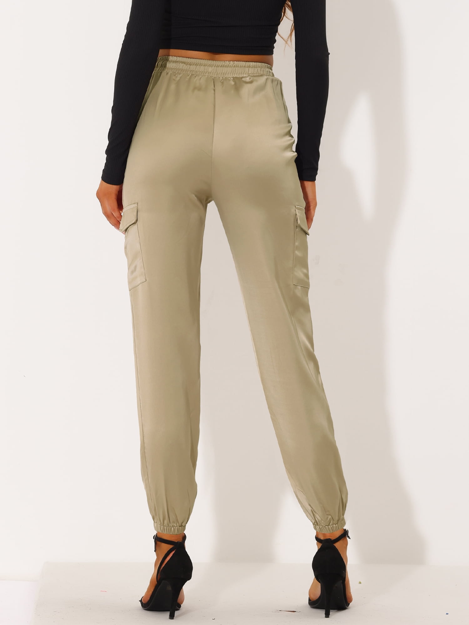 DARING DIVA Women's Drawstring Elastic High Waist Satin Cargo Pants XS Khaki