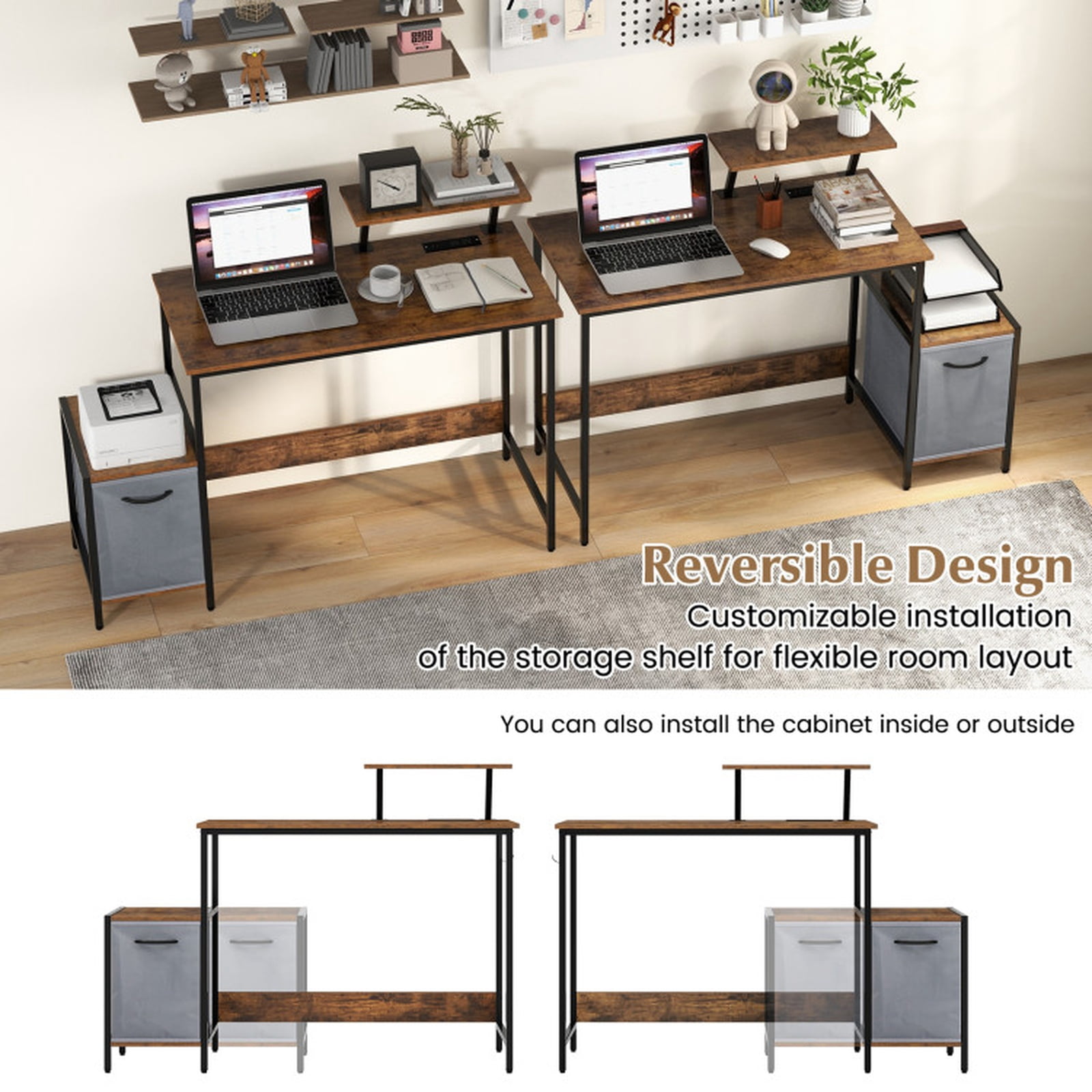 Furnibear Industrial Computer Desk with Reversible Fabric Storage Drawer, Moveable Shelf and USB Charging Station Brown