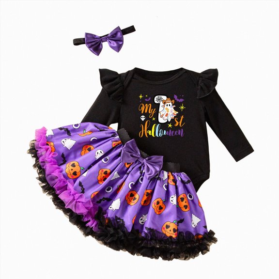 mgoYE 3Pcs Baby Girl First Halloween Outfit Infant Romper Dress Bow Tutu Skirt with Headband Newborn Thanksgiving Bodysuit|C,9-12 Months