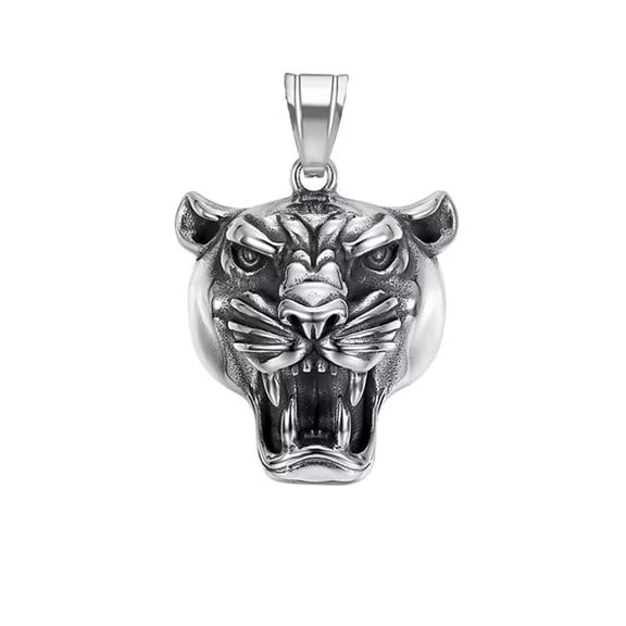 PAMTIER Men's Stainless Steel Vintage Hip Hop Frightening King of the Forest Overlord Leader Animal Tribe Roaring Tiger Head Lucky Amulet Pendant Necklace Silver No Chain