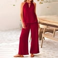 thumbnail image 2 of YI YI Women's Casual Summer Two Piece Outfits Linen Sets Cutout Halter Sleeveless Top Wide Leg Pants Matching Set 2XL Red, 2 of 9