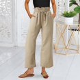 thumbnail image 3 of Awxnjux Flowy Pants For Women Womens Linen Pants High Waisted Wide Leg Drawstring Casual Loose Ankle Length Trousers With Pockets (Khaki,S), 3 of 5
