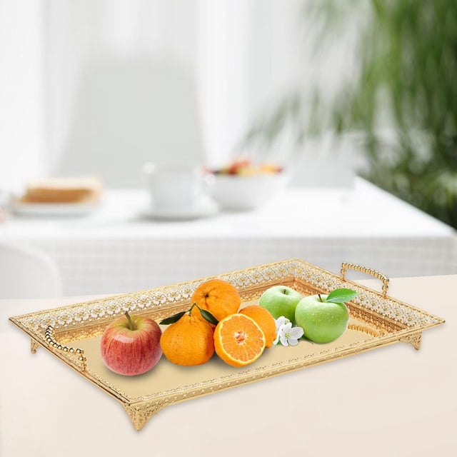 Bandeja de servicio de comida de hierro metal con asas dorado perfecl Bandeja de pastel de postre
