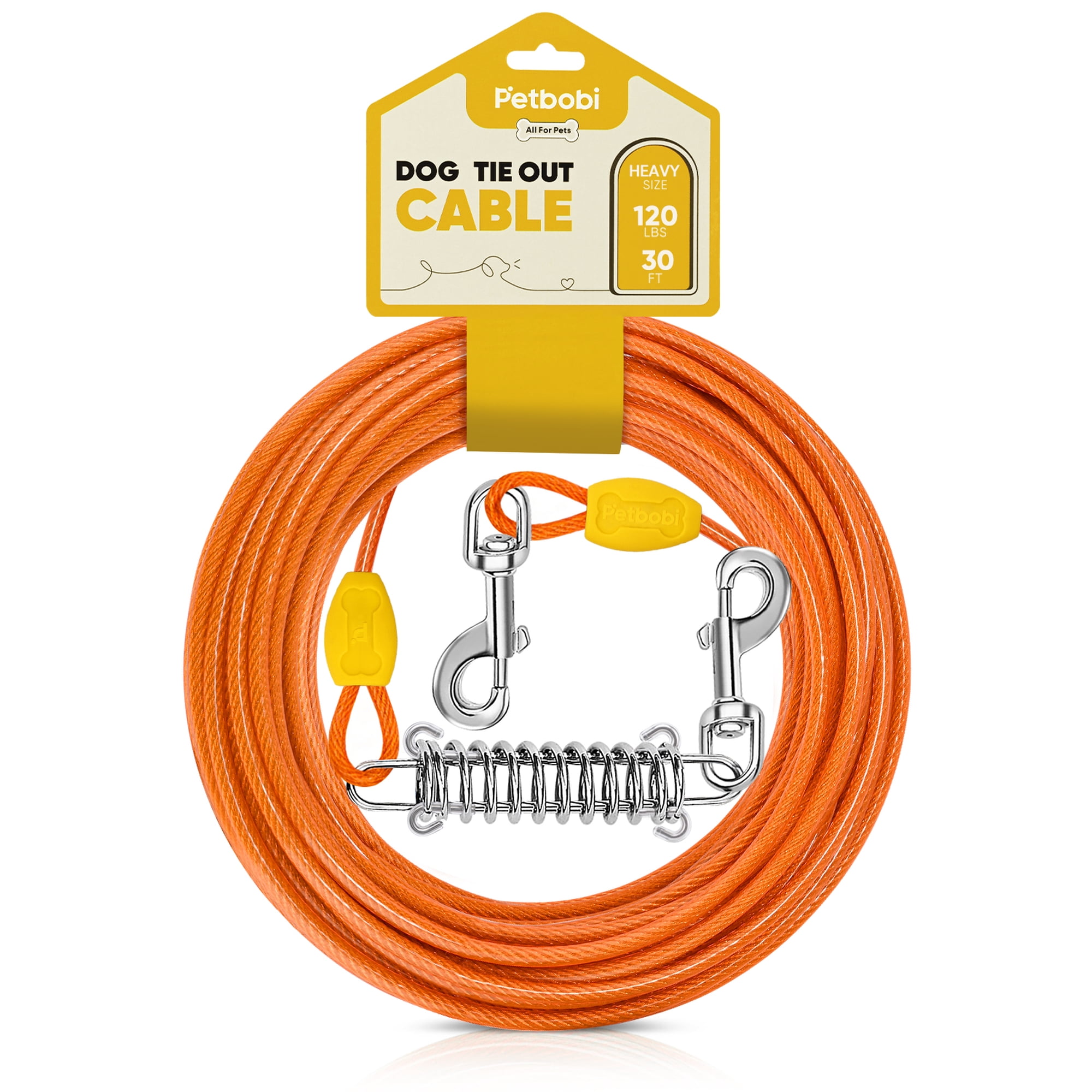 Petbobi Dog Tie Out Cable with Spring, 30ft Heavy Duty Dog Runner for Yard Chew Proof Wire Rope for Large Dogs up to 120LBS