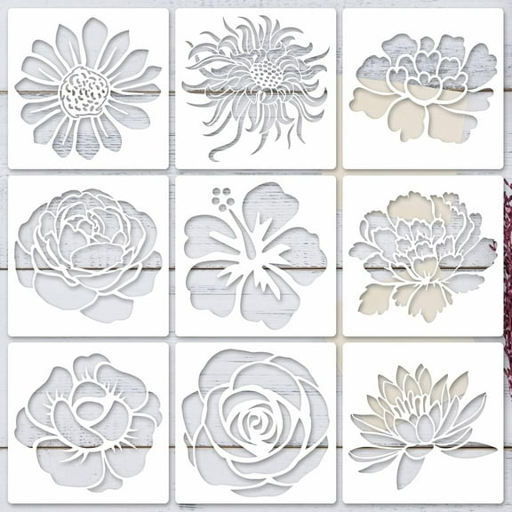 Stencils for Crafts, 9 PCS Flower Stencils for Painting Reusable Flower Template DIY Painting Stencils for Painting on Wood Canvas Fabric Floor Wall Card Decor