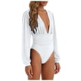 thumbnail image 6 of larppty Women's Sexy Ruched Deep V Neck Long Sleeve Bodysuit Plunging Neckline Leotard Shirts（White， L）, 6 of 9