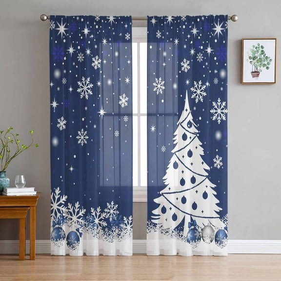 Navy Blue Christmas Sheer Curtains 96 Inches Long, Xmas Tree Snowflake Winter Light Filtering Window Curtains for Living Room/Bedroom, Rod Pocket Voile Sheer Curtain Drapes, 52"W x 96"L, 2 Panels