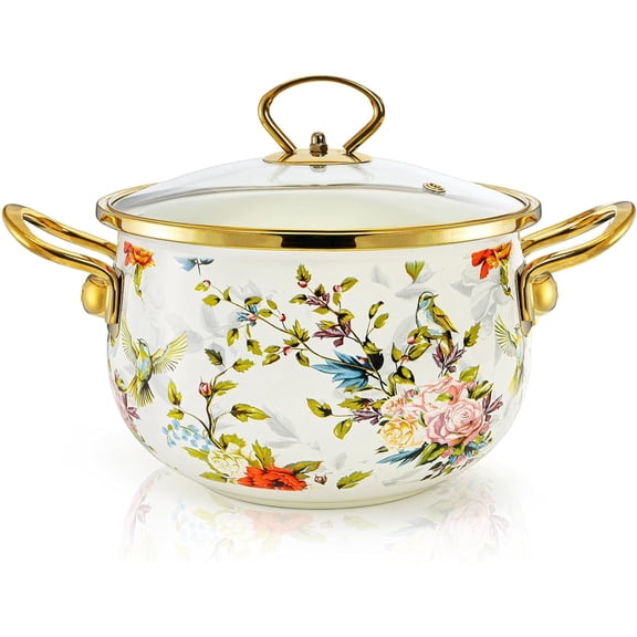 2.8 Quart Enamel Cooking Pot with Lid, Vintage Soup Pot, Floral Stew Bean Simmer Handle for Kitchen, Safe Induction Cookers, Gas Stove