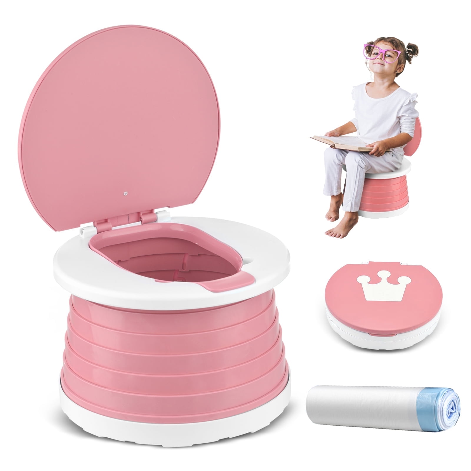 Portable Potty for Toddler Travel Foldable Potty Seat for Toddler Training Toilet for Kids Boys Girls Car Potty on The Go Potty Travel Potty Chair for Camping Park Indoor/Outdoor -15PCS Cleaning Bags