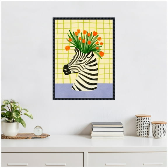 Kate and Laurel Zebra Vase Framed Canvas Wall Art by Nikita Jariwala 18 x 24 Sylvie Beaded Black, Whimsical, Animals, Flowers Art for Wall Decor, Living Room, Bedroom
