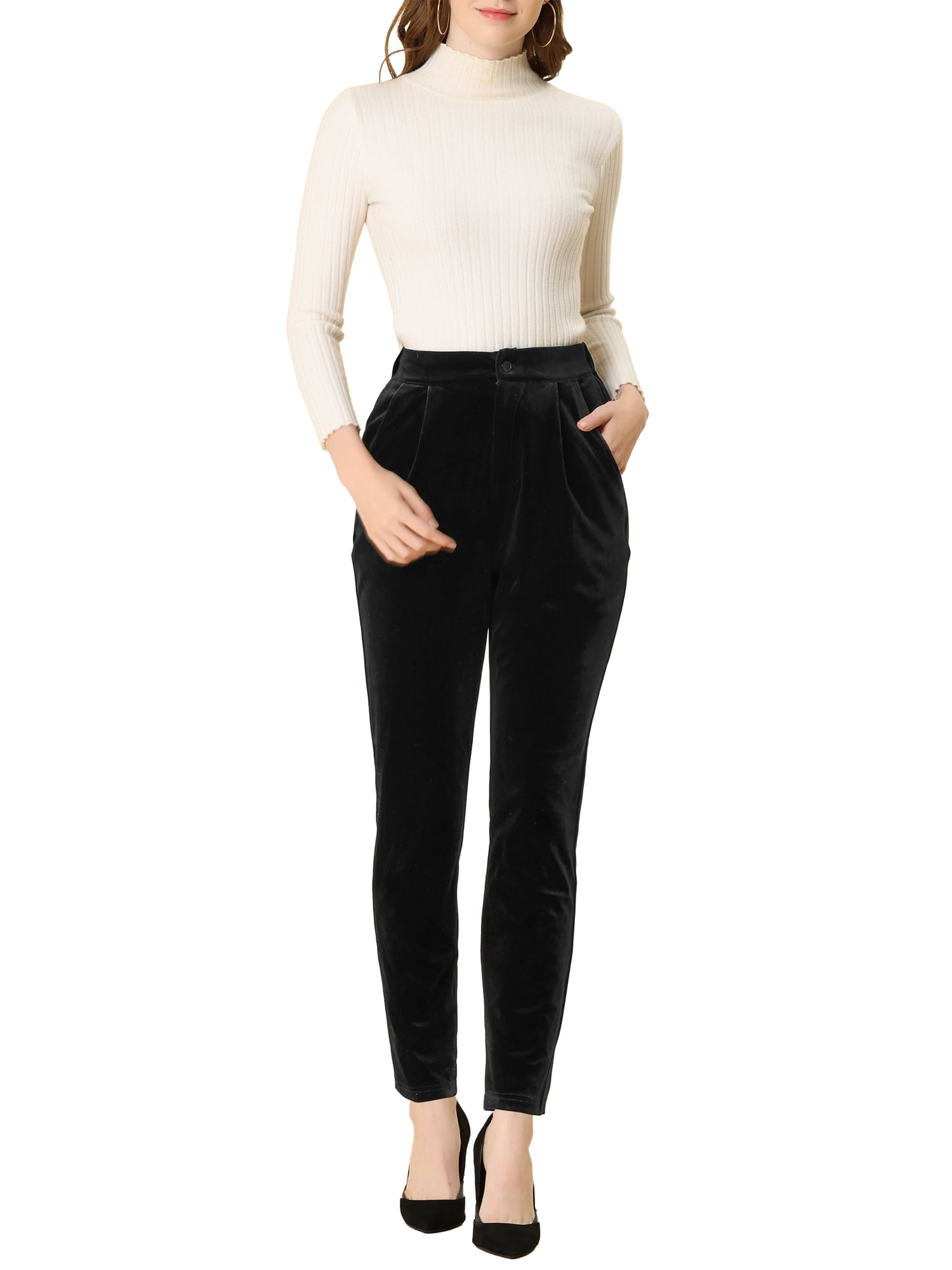 DARING DIVA Women's Elegant Velvet High Waist Trousers Work Pants M Black