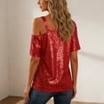 thumbnail image 4 of Miluxas Womens Sparkly Sequin Tops Short Sleeve Glitter Party Dressy Blouse Cold Shoulder Shirt Evening Club Outfit Red S(S), 4 of 9