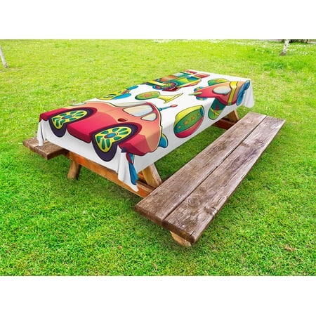 

Kids Outdoor Tablecloth Funny Transportation Toys with Train Car Airplane Horn Balls Auto Tire Cartoon Design Decorative Washable Fabric Picnic Tablecloth 58 X 104 Inches Multicolor by Ambesonne
