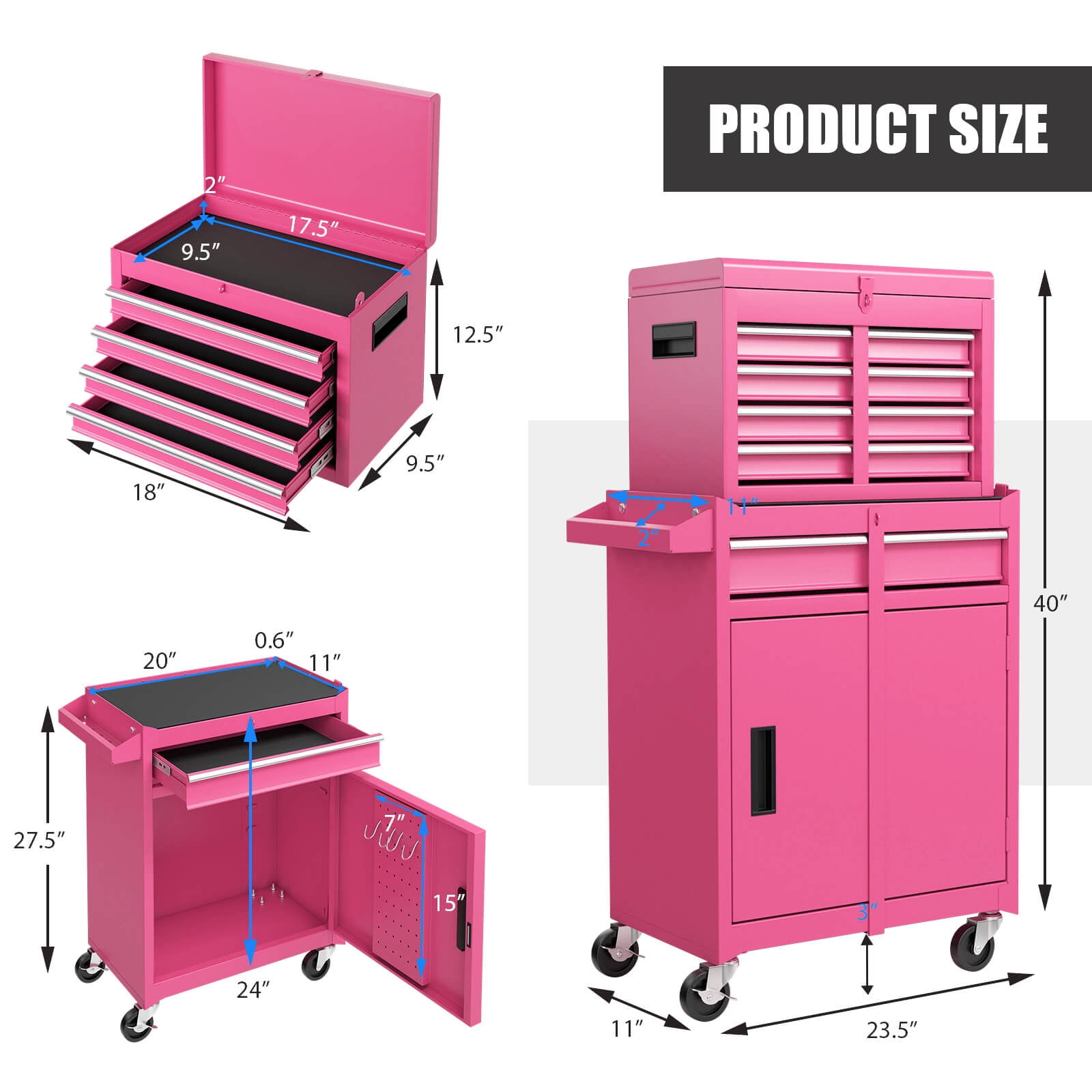 Costway 2 in 1 Tool Chest & Cabinet with Sliding Drawers Rolling Garage Organizer, Pink