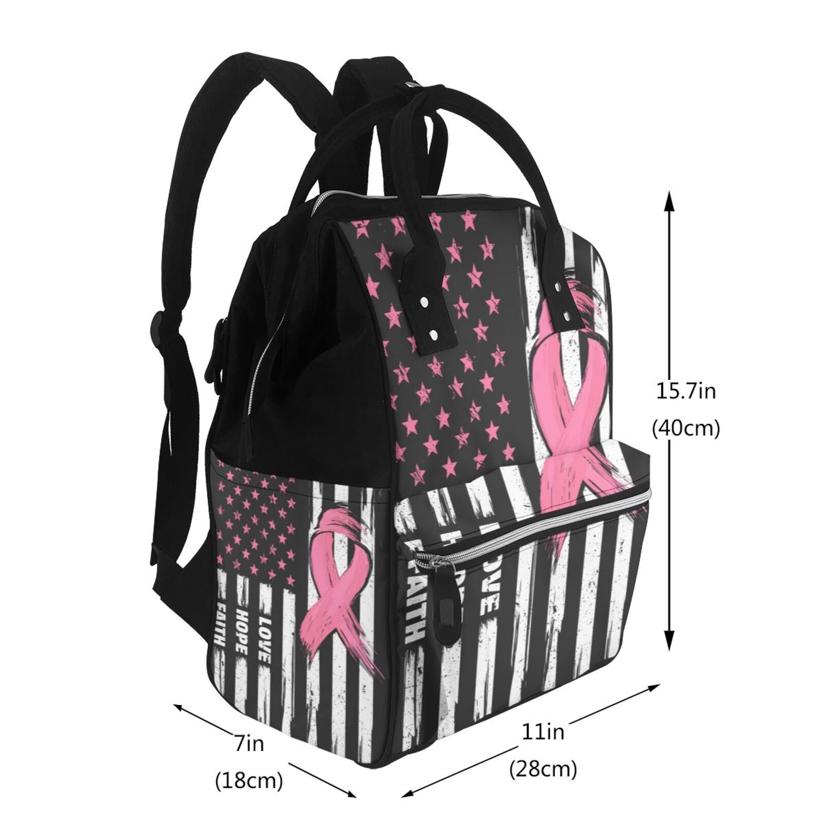 Ratiio Ribbon Breast Cancer Awareness Mummy Backpack - Waterproof Twill Canvas, Large Capacity Diaper Bag with Multiple Pockets and Adjustable Straps