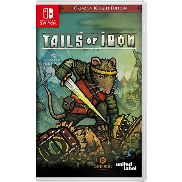 Tails of Iron (NSW) Édition Crimson Knight Couverture de Jeu pour Nintendo Switch. l'Oeuvre Représente Redgi, un Guerrier rat en Armure Rouge et Verte, Tenant une Épée Lumineuse sur un Champ de Bataille Entouré d'Ennemis du Clan de la Grenouille. le Royaume de Style Médiéval Est visible en Arrière-Plan. Cette Aventure JDR Présente une Oeuvre Dessinée à la Main et Comprend des Pellicules Exclusives pour Armure, Casques, Armes et Boucliers