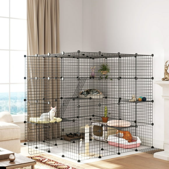 PawHut 55" Cat Cage Indoor, 4-Tier DIY Pet Playpen with Platforms, Ramps