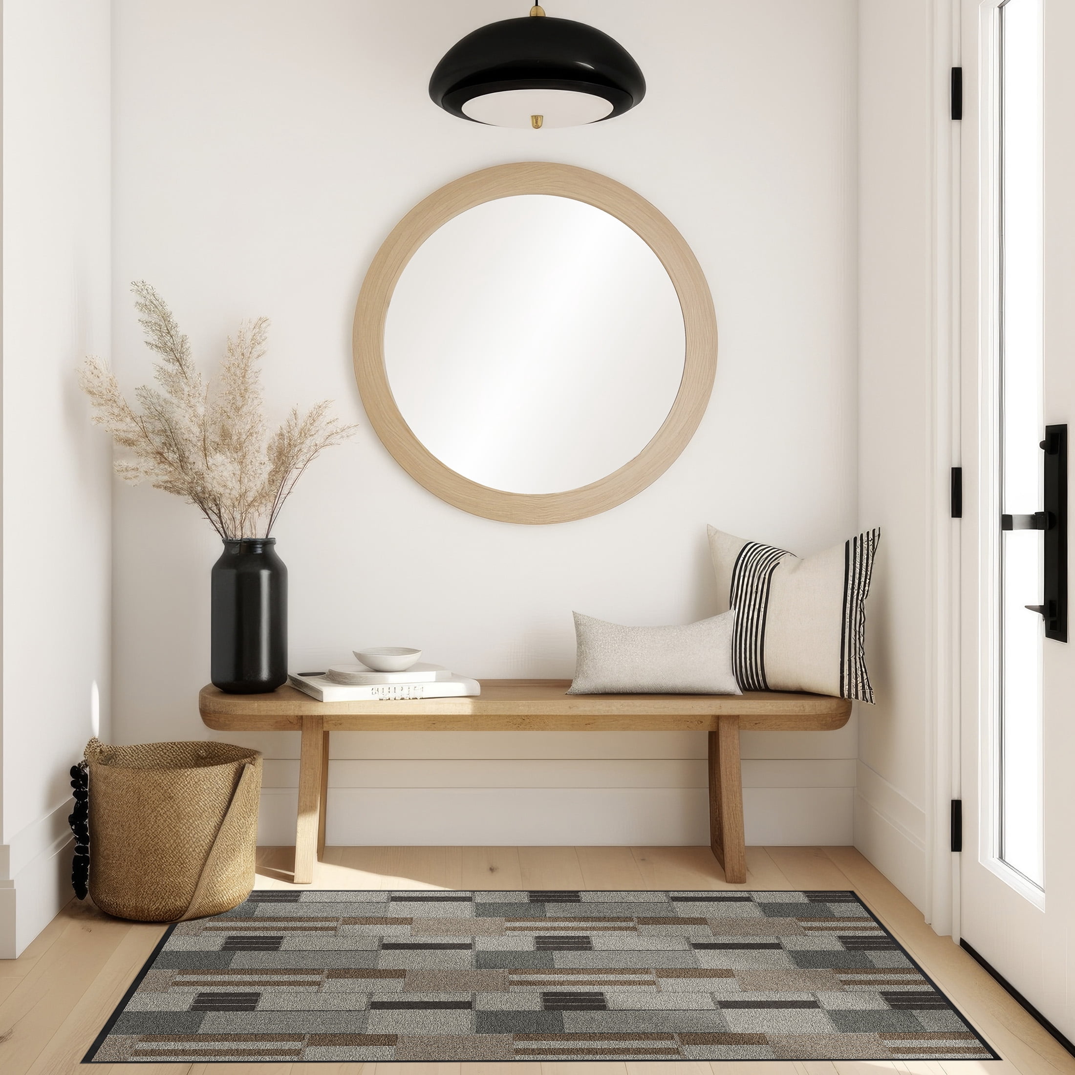 Mainstays tapis utilitaire intérieur/extérieur moderne à blocs géométriques taupe, gris et brun, 3' x 4', endos en vinyle, facile d’entretien