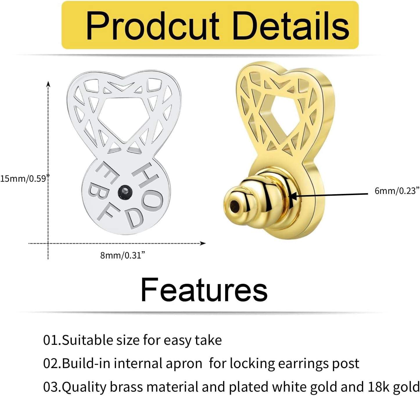 Earring Backs for Droopy Ears, Heart Diamond Shape Earring Backs for Droopy Earrings Large Earring Backings for Heavy Earrings Big Lifter Support Backers for Studs,Mixed Color