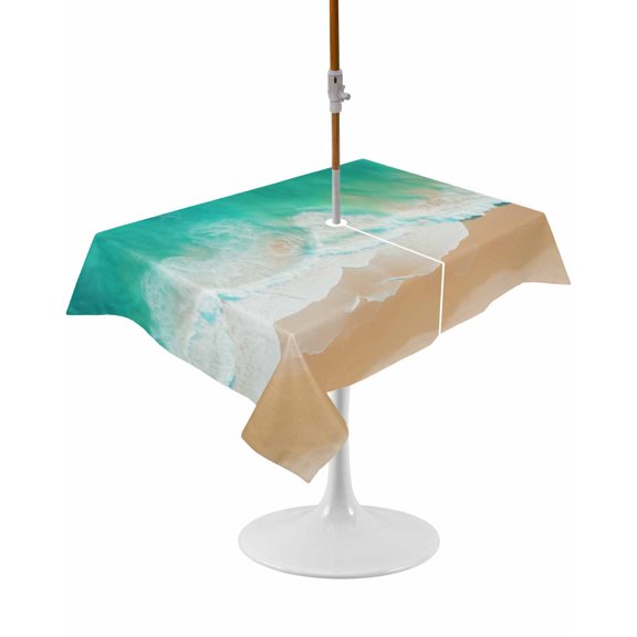 Outdoor Table Cloth with Umbrella Hole and Zipper, Teal Coastal Waterproof Rectangle Tablecloth 60"x102", Summer Beach Seaside Ocean Nautical Washable Table Cover for Outside Party Patio Picnic