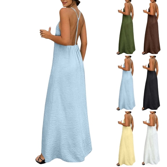 YTCAMLO Backless Womens Cami Dress Casual Summer Spaghetti Strap Sleeveless Smocked Maxi Dresses Loose Fit Vacation Sundress