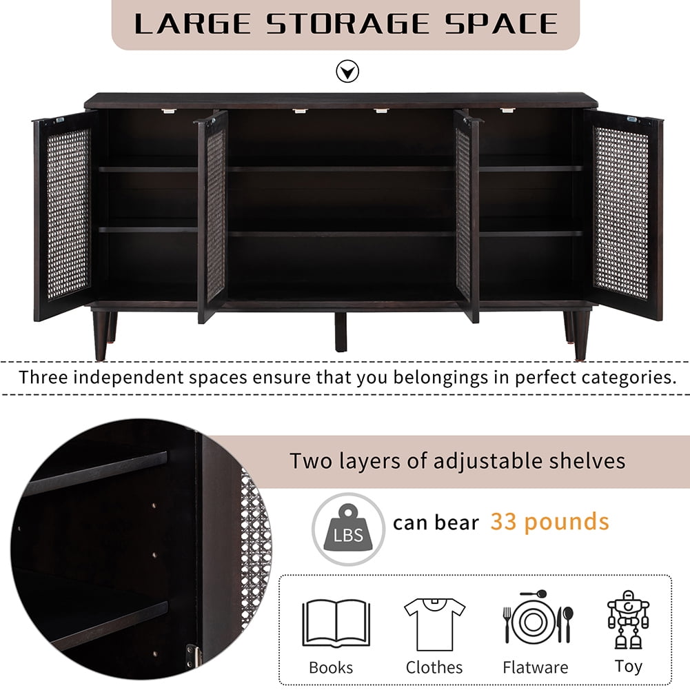 Resenkos 58" Accent Cabinet with 4 Rattan Doors and 2 Adjustable Shelves, Espresso Resenkos 58" Accent Cabinet with 4 Rattan Doors and 2 Adjustable Shelves, Espresso
