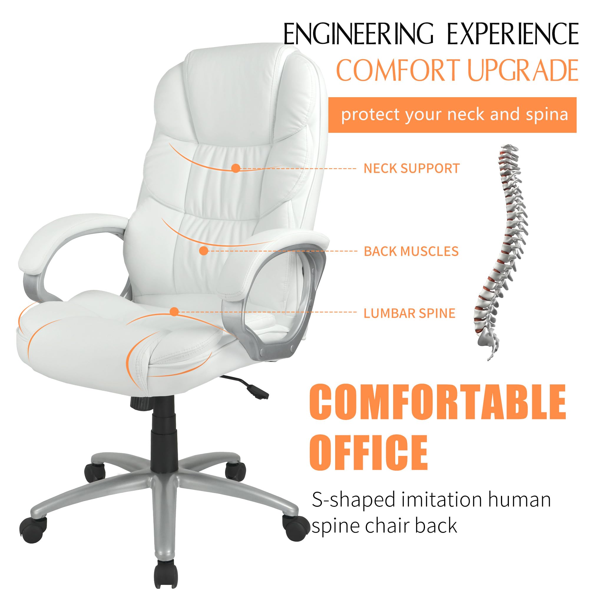 PayLessHere White Executive Office Chair - Ergonomic High Back w/Lumbar Support