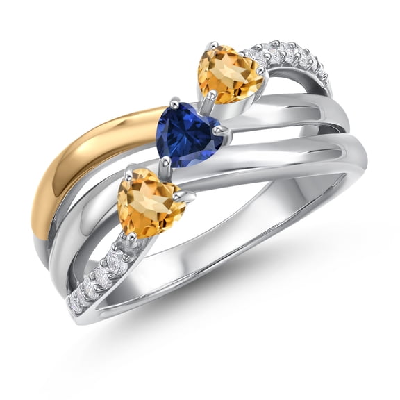 Gem Stone King 925 Silver and 10K Yellow Gold Yellow Citrine and Blue Created Sapphire and Lab Grown Diamond Engagement Ring for Women | 1.03 Cttw | Heart Shape Gemstone November Birthstone | Size 6