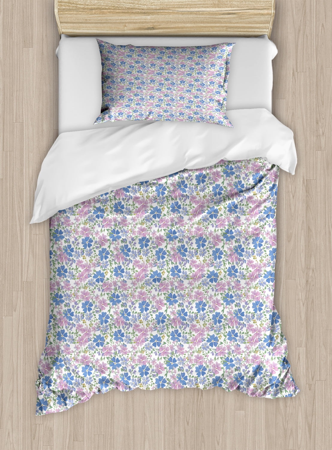 Floral Twin Size Duvet Cover Set, Spring Season Inspired Vintage Floral Pattern with Blue and