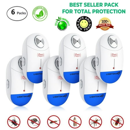 6 PKS [2018 NEW UPGRADED] LIGHTSMAX - Ultrasonic Pest Repeller - Electronic Plug -In Pest Control Ultrasonic - Best Repellent for Cockroach Rodents Flies Roaches Ants Mice Spiders Fleas (Best No See Um Repellent)