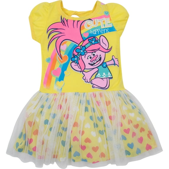 Trolls Toddler Girls' Tulle Dress Poppy, Yellow with Rainbow Hearts (2T)