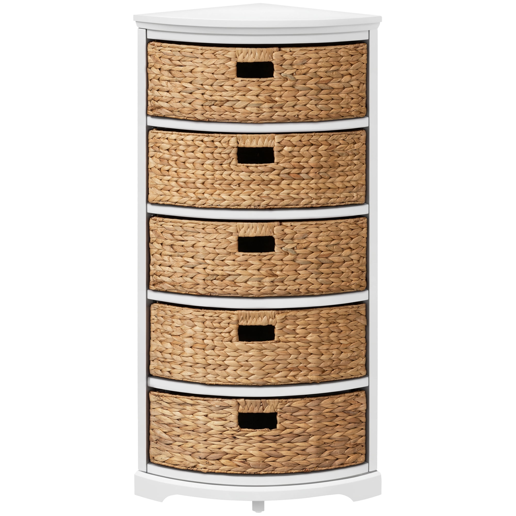 eHemco Hampton Meadows 5 Tier X-Side Corner Storage Cabinet with 5 Wicker Baskets, White