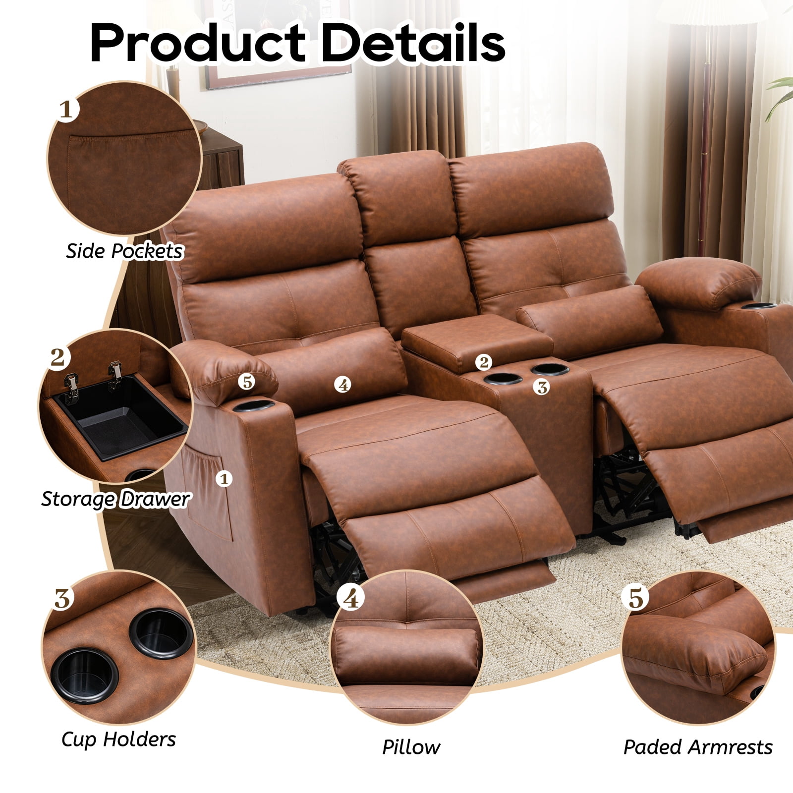 PYOIER Reclining Loveseat Sofa With Massage & Heating, Black