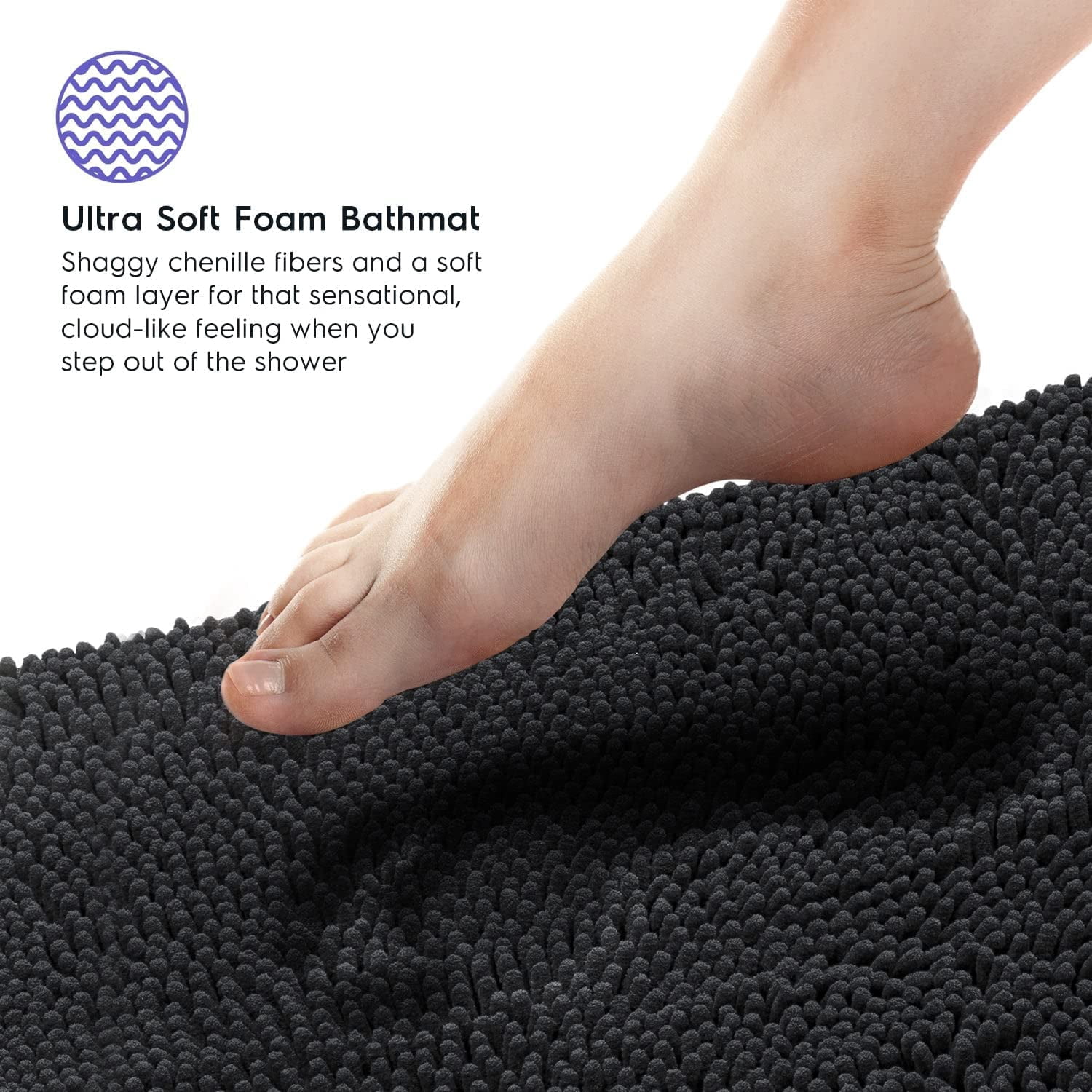 Bathroom Rugs, Extra-Thick Memory Foam Bath Mat, Ultra-Soft Chenille Microfiber, Highly Absorbent, Machine Washable, Shaggy Bath Mats for Bathroom, Rectangle Cutout (21x32 + 20x22, 2pcs) Black
