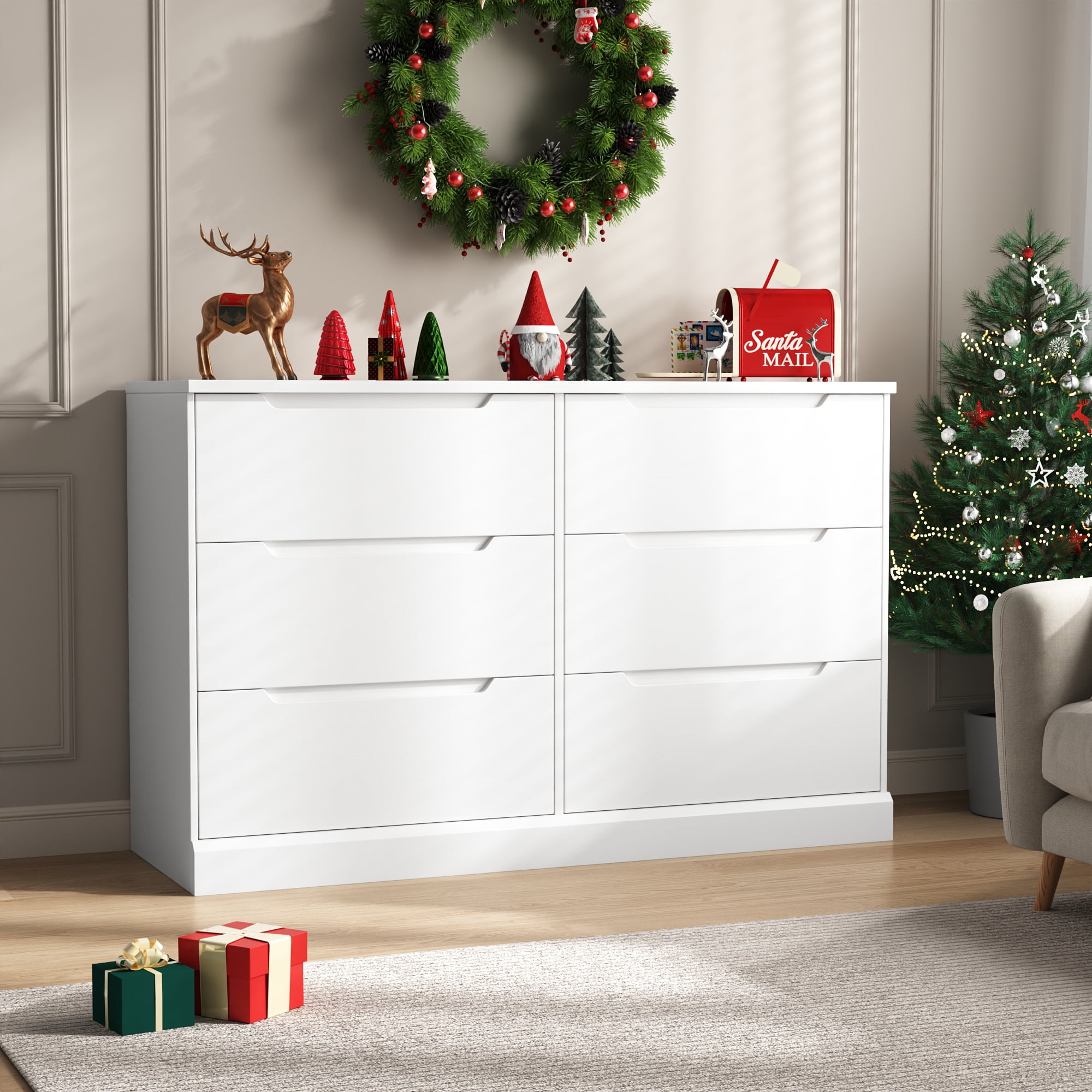 White Dresser 6 Drawer Dresser for Bedroom Modern Wooden Closet Double Dresser Closet Living Room Hallway Entryway Dressing Room