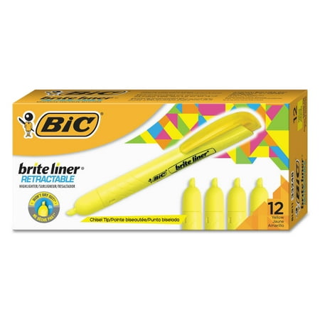 BIC Brite Liner Retractable Highlighter, Chisel Tip, Yellow, 12-Count