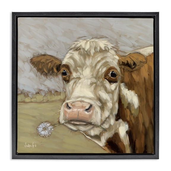 Stupell Industries Farmhouse Cattle with Dandelion Sprig Black Floating Frame Canvas Art, 18 x 18, by Sara G. Designs