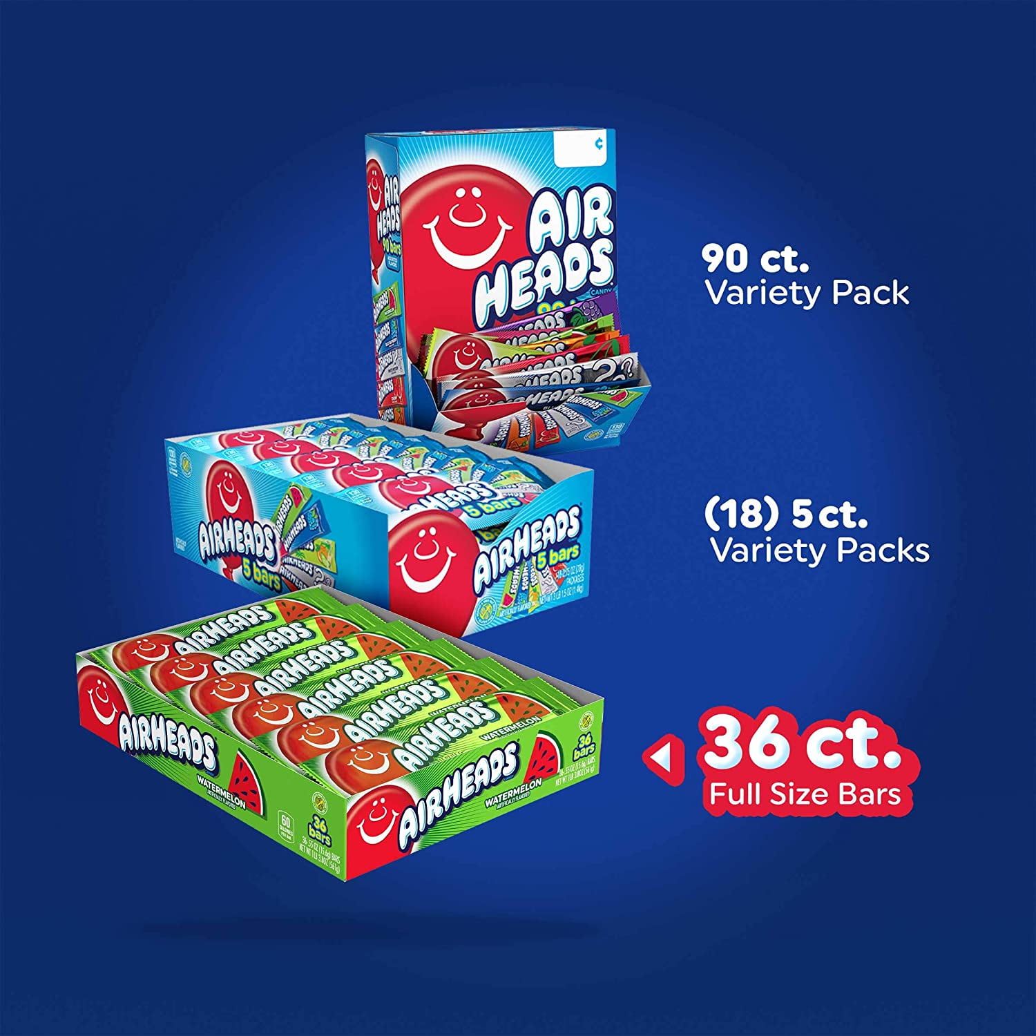 Airheads Candy, Easter, Individually Wrapped Full Size Bars, Watermelon, Bulk Taffy, Non Melting, Party, 0.55 Oz (Pack Of 36)