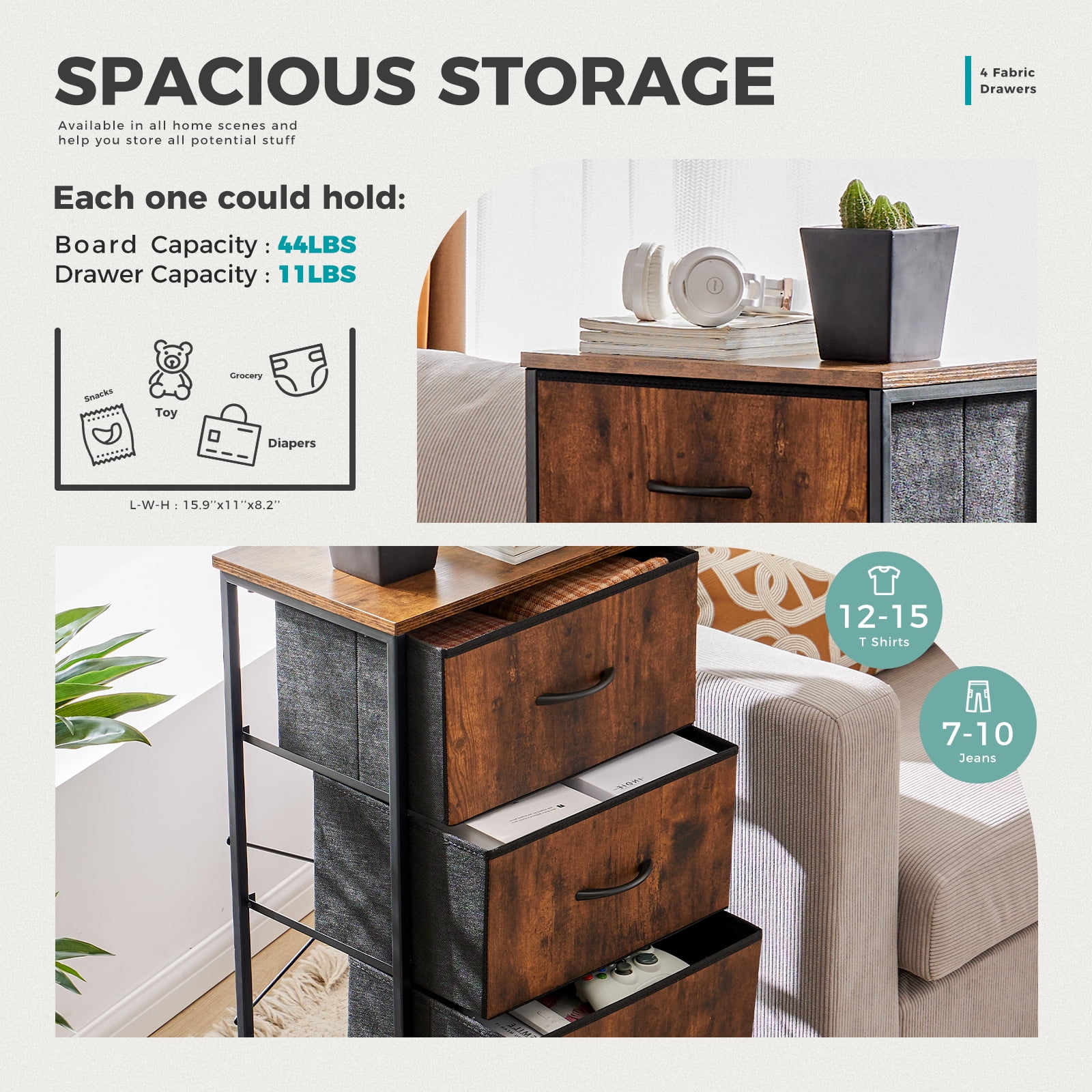 CONCETTA 4 Drawer Dresser for Bedroom, Tall Chest Organizer with Fabric Bins, Steel Frame, Rust Brown