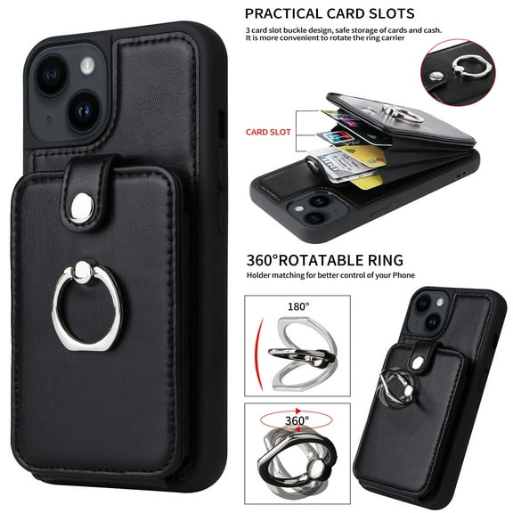 Jiahe Cover For iPhone 14 Pro Max Shockproof Wallet Case,Built-in 360° Rotation Ring Kickstand with Card Holder PU Leather Full Cover Protective Case,Black