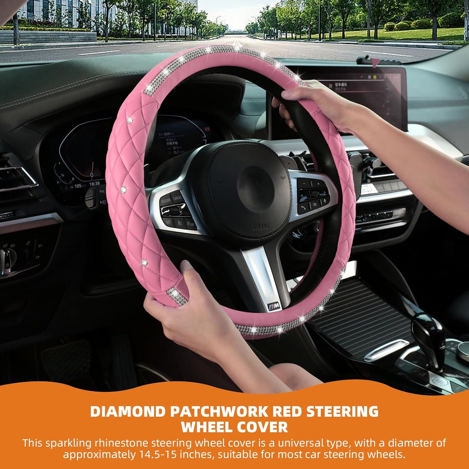 Diamond Steering Wheel Cover，14.5-15 Inch Car Steering Wheel Cover with Bling Crystal Rhinestone，Delicate and Anti-Slip Sparkly Car Wheel Protector for Women Girl，Pink