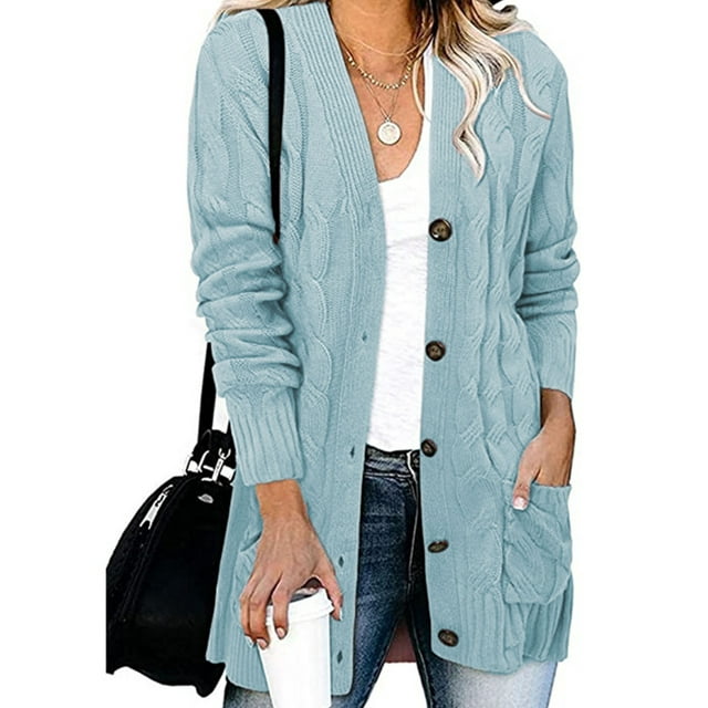 Fashnice Ladies Outwear Open Front Coat Long Sleeve Cardigan Sweater Loose Work Jacket Light Blue 3XL